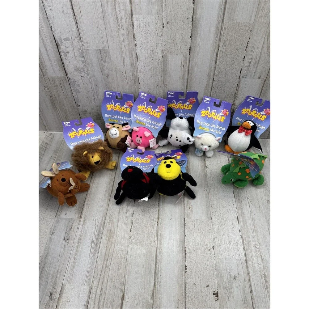 Assorted 1996 Tyco ZOOBALLS Lion Kangaroo Cow Dinosaur Bee Penguin Dog Pig Cat